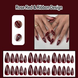 ANDGING Red Press on Nails Almond Short Medium Acrylic Fake Nails Glue on Nails with Ribbon Design Full Cover Women False Nails with Glue Gel Stick on Nails for Wedding Birthday 24Pcs