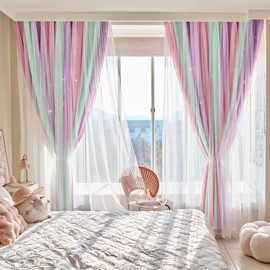 Best Baisite Curtains Blackout Curtains 2 Panels Rainbow Curtain Dream Star Princess Unicorn Decor for Kids Home Bedroom Window(PinkGreenPurple,52"x54")