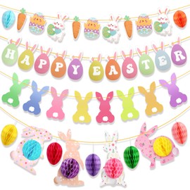 HOWAF Easter Decorations Banner Happy Easter Banner Easter Egg Honeycombs Easter Bunny Hanging Ornaments for Happy Easter Decorations Home Spring Farmhouse Mantle Party Supplies