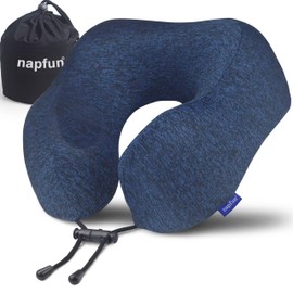 napfun Neck Pillow for Traveling, Upgraded Travel Neck Pillow for Airplane 100% Pure Memory Foam Travel Pillow for Flight Headrest Sleep, Portable Plane Accessories, Full Dark Blue, Medium (120-200LB)