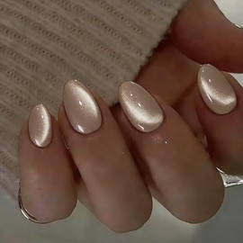 Uñas postizas cortas con efecto ojo de gato - Uñas postizas ovaladas color beige nude, uñas postizas almendradas glaseadas con acabado brillante, cali