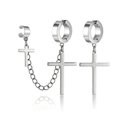 Unisex Gothic Silver Stainless Steel Non Pierced Asymmetrical Cross Dangle Clip on Hoop Earrings Cartilage Chain Ear Cuff Non-Piercing Jewelry Gift for Teens