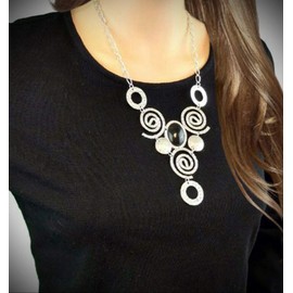 Fringe Black Cabachon Silver Tone Swirls Spirals Necklace 19-22" Statement Chunky Pendant Rhinestone Necklace for Women