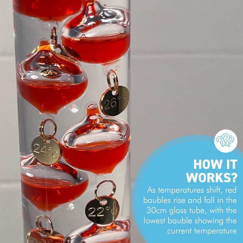 30cm Tall Free Standing Galileo Thermometer with seven red floating