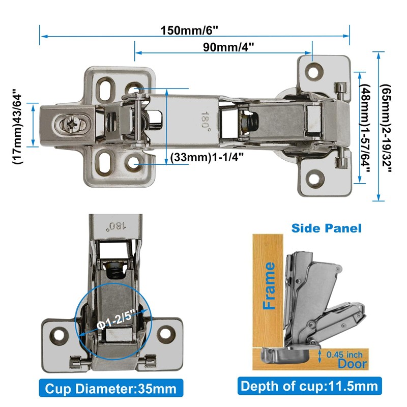 180 Degree Frameless Cabinet Doors Hinges, Concealed Hydraulic Adjustable Mounting,