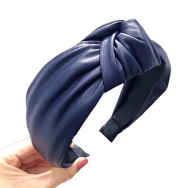 Faux Leather Headband with Knots, Women's Knotted Wide Headband Headdress Hair Bands Hair Accessories for Women Girls for Daily Wear, Navy Blue