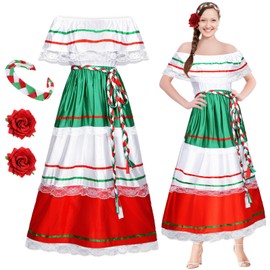 Riyiper Traditional Mexican Dress for Women Fiesta Senorita Costume Spanish Dress with Flower Hair Clip Headband(Medium)