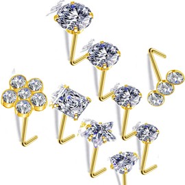 Carperton Nose Rings Studs L Nose Studs Screw Nose Rings 18g 20g 22g 14K Gold Bone Nose Studs for Women Titanium Steel, Titanium, Cubic Zirconia