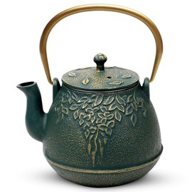 TOPTIER Japanese Cast Iron Tea Kettle with Infuser, Leaf Design Teapot Stovetop Safe Coated with Enameled Interior for 32 Ounce (950 ml), Dark Green