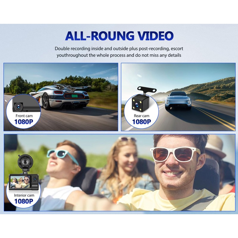 3 Channel Dash Cam Front and Rear Inside, 3 Inch