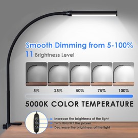 ShineTech LED Desk lamp with Clamp, 5000K Daylight White 11 Brightness Level Eye-Caring Clip Lights for Home Office, USB Adapter, Black