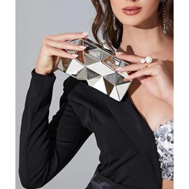 Sliver Clutch Purses for Women Lattice Pattern Metal Handbag Chain Geometric Evening Bag for Women