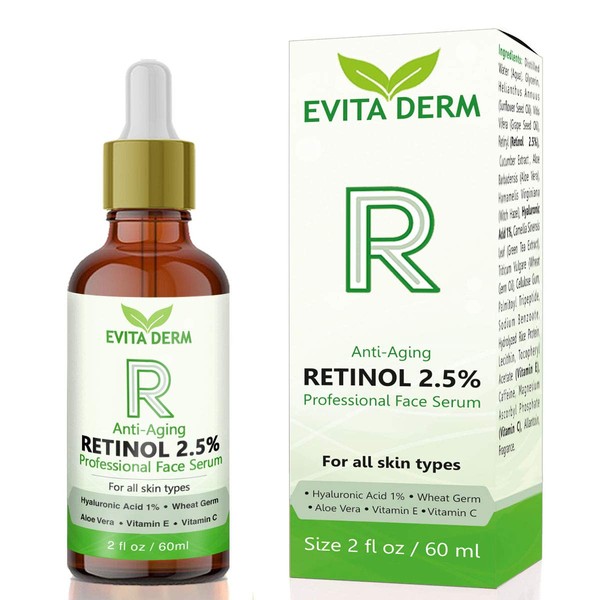 2.5 Retinol Serum by Evita Derm 2 oz - With Hyaluronic Acid, Vitamin C & E, Peptide, Aloe Vera - Boost Collagen Natural High Strength Anti Aging & Skin Moisturizer - Reduces Wrinkles, Fine Lines, Acne