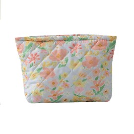 Quilted Makeup Bag, Cute Floral Cosmetic Bag for Women, Cotton Make Up Bag, Flower Travel Toiletry Bag Organizer Large