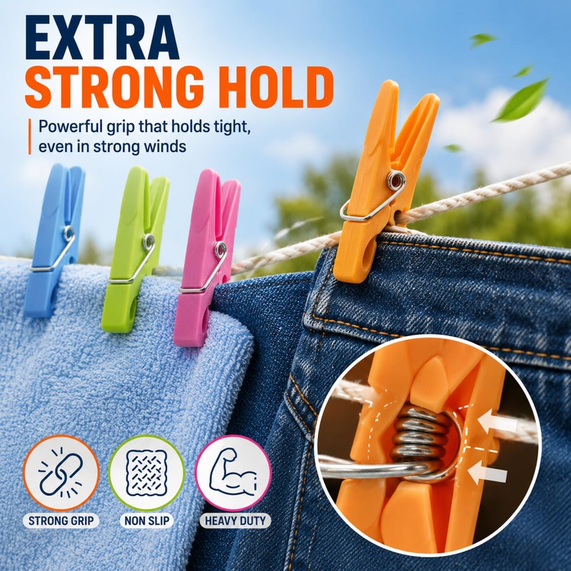 48 Pack Clothes Pegs for Washing Line with Bag, Extra