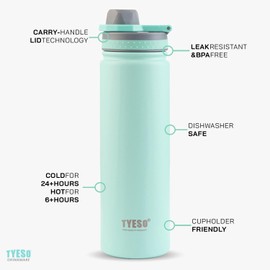 TYESO Water Bottle with Carrying Handle Lid | Insulated Stainless Steel Thermos | Travel Water Bottles for Gym & Sports | Leak Proof & BPA Free | Quick Flip Go Collection | 25oz (Seafoam)