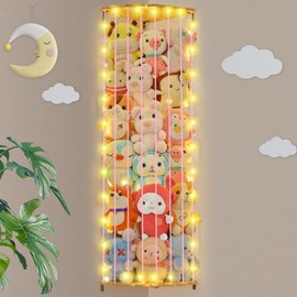 Meirenda Stuffed Animal Storage Organizer with LED Light Corner Hanging Stuffed Animal Zoo Cage with Adjustable Height Wood Plush Toy Storage Hammock Shelf for Kids Bedroom