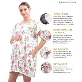 Alina Mae Maternity Labor and Delivery Gown for Hospital With Pockets Open Back Nursing Pajamas for Women's Breastfeeding Nightgown (Pink Floral, Medium)