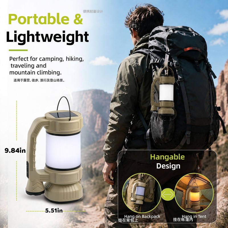 Solar Powered Portable LED Camping Lantern with Fan, Green, USB