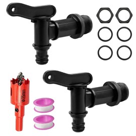 Riisoyu Pack of 2 Outlet Tap for Water Butts, 3/4 Inch Plastic Replacement Tap with Seal Lock Nut Sealing Tape Plastic Outlet Tap for Rain Bucket Tank Gardening, Black