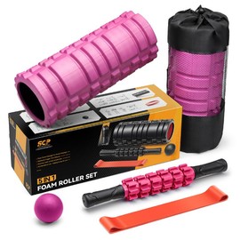 5 in1 Foam Roller Set, Trigger Point Foam Rollers, Massage Roller Stick, Massage Ball, Resistance Band for Deep Muscle Massage Pilates Yoga,Fitness Exercise for Whole Body - Color: Pink