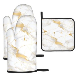 HSYOYO White Gold Marble Oven Mitts and Pot Holders Sets of 3 Heat Resistant Oven Gloves Hot Pads Non-Slip Kitchen Accessories for Baking Cooking Grilling BBQ