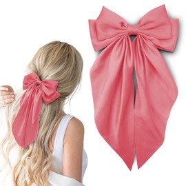 Large Hair Bows Silky Satin Hair Bow with Long Tail Hair Ribbons Bows Hair Clips Vintage Hair Accessories for Women (Watermelon Red,1Pcs)