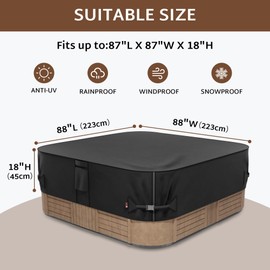 iBirdie Outdoor Waterproof Hot Tub Cover 88 x 88 inch fit 85 x 85 or 86 x 86 or 87 x 87 Square SPA 600D Heavy Duty Weatherproof Protectors Protective Cover Cap