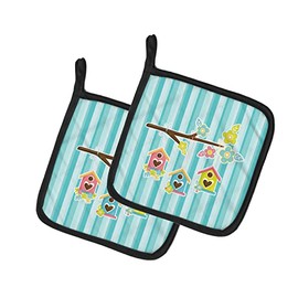 Caroline's Treasures BB7011PTHD Birdhouses on Blue Stripes Pair of Pot Holders Kitchen Heat Resistant Pot Holders Sets Oven Hot Pads for Cooking Baking BBQ, 7 1/2 x 7 1/2