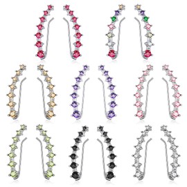 8 Pairs Muti-colors 7 Crystals Ear Cuffs Earrings for Women-Bulk Climber Earrings with Colorful Black White Green Yellow Purple Pink CZ Crawler Earring Gift for Women