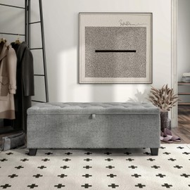 24/7 Shop at Home Sacallant Modern Linen Storage Bench with Button-Tufted Lift-Top, Upholstered Footstool, Rectangular Ottoman for Living Room, Bedroom, Entryway, Grey