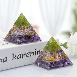 KYEYGWO Amethyst Positive Energy Pyramid Gemstone, Tree of Life Pyramid Reiki Healing Crystal Pyramid Desktop Ornament Home Decoration for Meditation