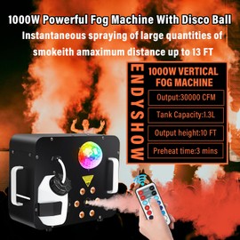 ENDYSHOW Fog Machine,1000W DJ Smoke Machine Maker with Disco Ball&6 RGB LED Lights Produce 30000 CFM Smoke Vertically or Horizontally by Remote Control for DJ Party Wedding Stage Show Lighting
