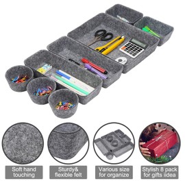 Desk Supplies Organisers, 8 Set Felt Drawer Organisers Dividers Stationery Stroage Boxes Desktop Dresser Makeup Cosmetics Boxes Utility Storage Bins Trays Holder Sorter for Home Office Storage - Gray