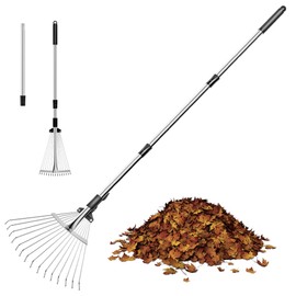 Garden Rake for Leaves, Metal Adjustable Leaf Rake for Lawns, Length 37"-53", Adjustable Expandable Head 8"-15", Garden Tools for Lawn Garden Yard Flowers Beds Bush