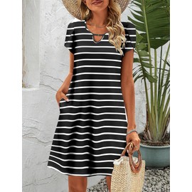 HOTOUCH Summer Dresses for Women 2025 Hawaiian Dress Womens Short Sleeve Dress Women Tunic Dress with Pockets Loose Sundresses Black Stripes M