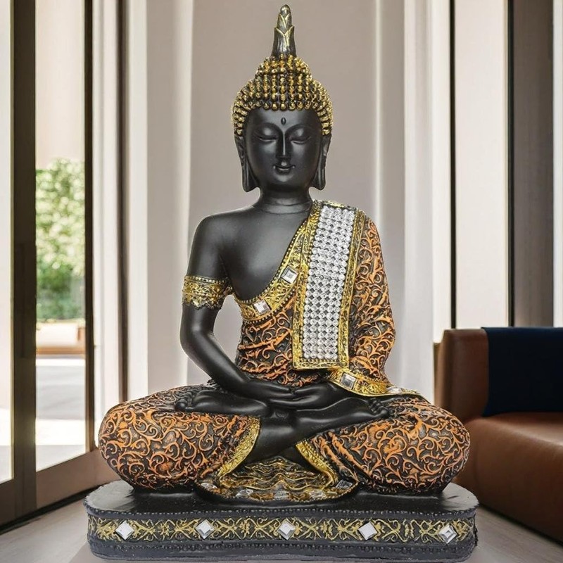 Global Grabbers Sitting Buddha Idol Statue Showpiece Orange and Black