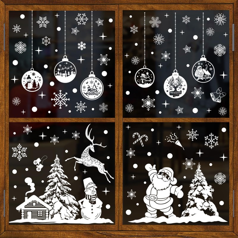 Fassory White Christmas Window Stickers 9 Sheets 260 Pcs, Reusable