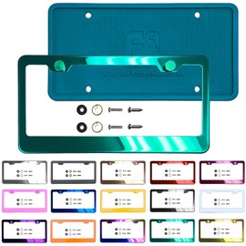 NAROWAN Silicone Back Guard License Plate Frame Green Mirror Chrome Electroplating Universal Fit Anti Rust Metal Screw On Cap Cover, T304 Stainless Steel, Rust Proof Weather Proof (Qty: 1 Frame)