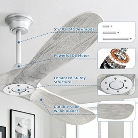 CACI Mall 60 inch 3 blade wood ceiling fan no Light, Solid, Quiet, Reversible DC Motor, Outdoor, Indoor Ceiling Fan for Living Room, Patio, Bedroom, Porch, Farmhouse
