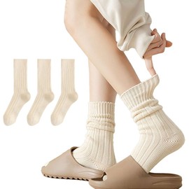 MANGMAO 3 Pairs Crew Socks for Women Cute Fall Knit Cotton Socks Crochet Aesthetic Long Slouch Socks Gifts for Women (Beige-3 Pack,One Size,One Size)