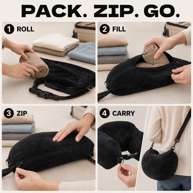 Stuffable Travel Pillowcase U-Shaped Neck Pillow with Adjustable Strap, Washable