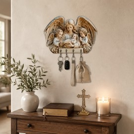 Wooden Key Holder for Entryway – Guardian Angel Wall Décor with 4 Metal Hooks for Keys and Lightweight Items