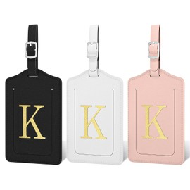 Initial Luggage Tags for Suitcases, 3 Pack TSA Approved Easy to Identify Leather Letter K Travel Tags for Luggage, Travel Essentials Bag Tag Suitcase Identifiers, Cute Hot Stamped Monogram