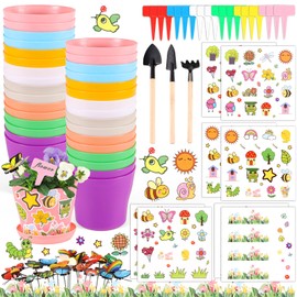 Aweyka 32 Set Garden Plastic Pot Craft Kit DIY Flower Plant Crafts Nursery Pots with Stickers Flower Planting Growing Kit for Spring Summer Home Classroom School Creative DIY Art Project Activities