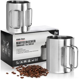 com-four® 2 x Stainless Steel Coffee Mugs, 300 ml per Cup, Thermal Drinking Cup Made of 304 Stainless Steel with Folding Handle, Double-Walled Insulated Cup, BPA-Free (Silver, 300 ml, Pack of 2)