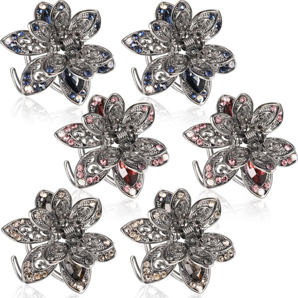 6 Pieces Metal Crystal Rhinestone Hair Claw Mini Jaw Clips Non Slip Exquisite Flower Barrette Vintage Metal Rhinestone Hair Clips Hair Clamp Accessories for Women Girls Thick Hair, 3 Colors