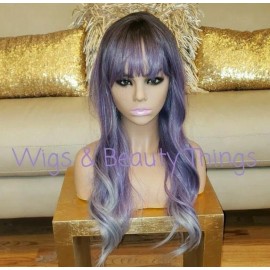 Unbranded Long Platinum Blonde Purple Lavender Ombre Wig Long Wavy Rainbow Multicolor Hair