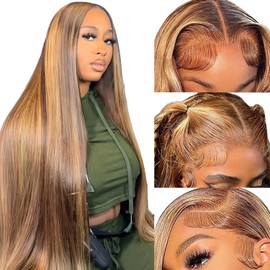 kocorose 34Inch Honey Blonde Ombre Lace Front Wig Human Hair Highlight Straight 13X6 HD Lace Front Wigs Human Hair Pre Plucked 180 Density HD Frontal Glueless Highlighted Wig Human Hair