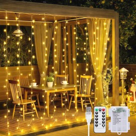 JMEXSUSS 200 LED Curtain Lights Battery Operated & USB Plug in, 8 Modes Hanging String Lights Indoor with Remote, Warm White Twinkle Curtain Lights for Bedroom Backdrop Classroom Wedding Party Decor